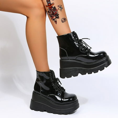 Halloween Gift Hvyes Women s Shoes Fashion Round Toe Wedge Heel Low-barrel Lace-up Patent Leather Shiny Boots
Halloween Gift Hvyes Women s Shoes Fashion Round Toe Wedge Heel Low-barrel Lace-up Patent Leather Shiny Boots
