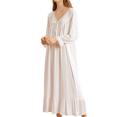 

Homgro Women s Cotton Victorian Nightgown Lace Bishop Long Sleeve Sleep Shirt Soft Vintage Frilly Ruffle Hem V Neck Loose Fit Tea Length Princess Long Pajama Dress Sleepwear White Small