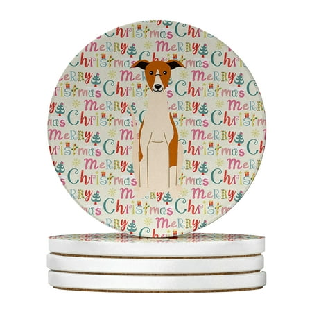 Merry Christmas Whippet Large Sandstone Coasters Pack of 4 4 in x 4 in