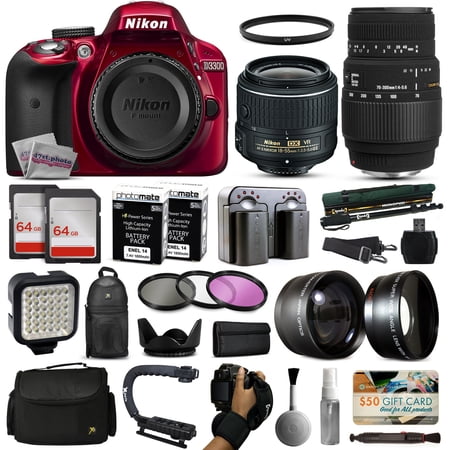 Nikon D3300 Red DSLR Digital Camera + 18-55mm VR II + Sigma 70-300mm Lens + 128GB Memory + (2) Batteries + Charger + LED Video Light + Backpack + Case + Filters + Auxiliary Lenses + $50 Gift Card Nikon D3300 Red DSLR Digital Camera + 18-55mm VR II + Sigma 70-300mm Lens + 128GB Memory + (2) Batteries + Charger + LED Video Light + Backpack + Case + Filters + Auxiliary Lenses + $50 Gift Card