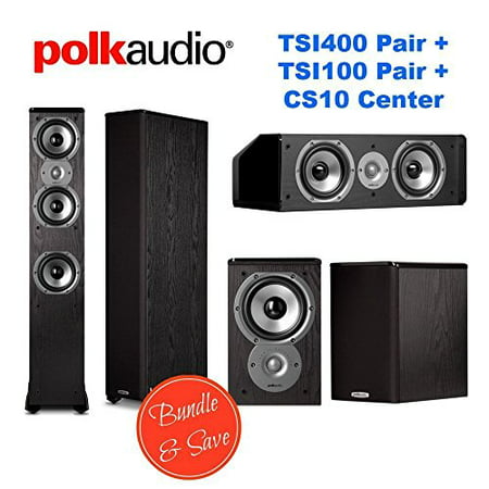 2 Polk Audio TSi400 Speaker - 2-way - Black + Polk Audio TSi100 Bookshelf Speakers (Pair, Black) + Polk Audio CS10