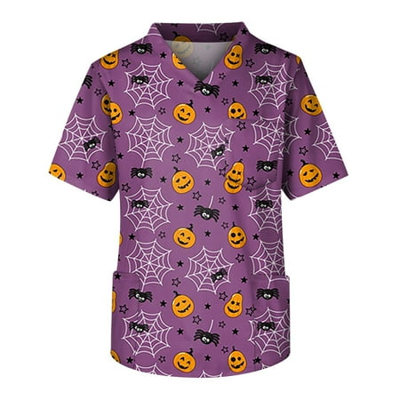 Umitay Scrubs Men Men s Short Sleeve V Neck Halloween Print Chest Pocket Carer Top