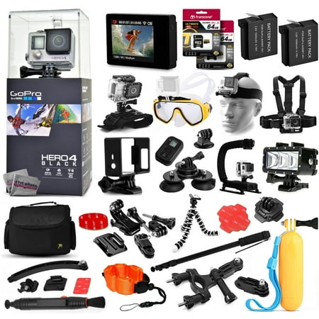 GoPro Hero 4 HERO4 Black Edition CHDHX-401 Kit with 128GB Memory + Diving Mask + Waterproof LED Light + LCD Display + Extra Battery + Monopod + Housing + Remote + XGrip + Car Mount + Travel Bag + More