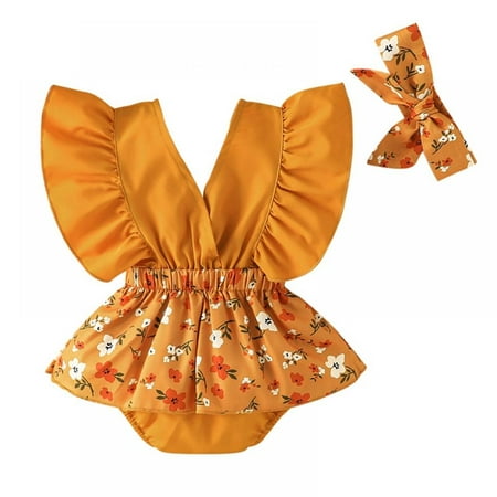 3M-24M Kids Summer Outfit Baby Girl Jumpsuit Ruffle Floral Sleeveless Romper With Bowknot Headband