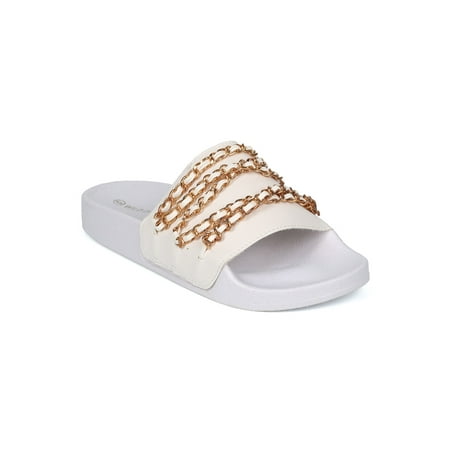 Women Leatherette Chained Open Toe Footbed Slide 18182