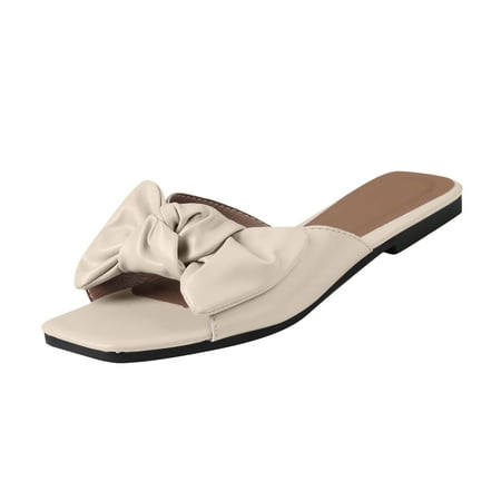 Womens Solid Bow-Knot Open Toe Slippers Shoes Comfy Sandals Casual Comfortable Beach Sandals Summer Open Toe Slide Sandals Comfortable Flats Flip-Flops Casual Platforms Heeled Wedge Sandals A14703