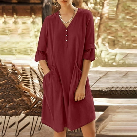 Jsaierl Cotton Linen Dresses Women Casual Summer Short Sleeve Midi Dress Loose Fit Solid Color V Neck Dress Vacation Beachy Dresses 2023
Jsaierl Cotton Linen Dresses Women Casual Summer Short Sleeve Midi Dress Loose Fit Solid Color V Neck Dress Vacation Beachy Dresses 2023