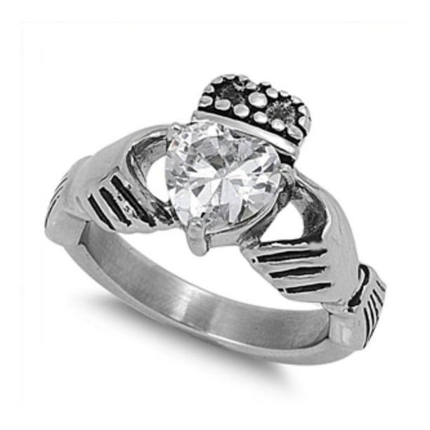Stainless Steel Claddagh Ring With Cubic Zirconia