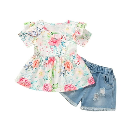 Fesfesfes Summer Girl s Sun Flower Short-sleeved Top Lace Patch Jeans Two-piece Suit
Fesfesfes Summer Girl s Sun Flower Short-sleeved Top Lace Patch Jeans Two-piece Suit
