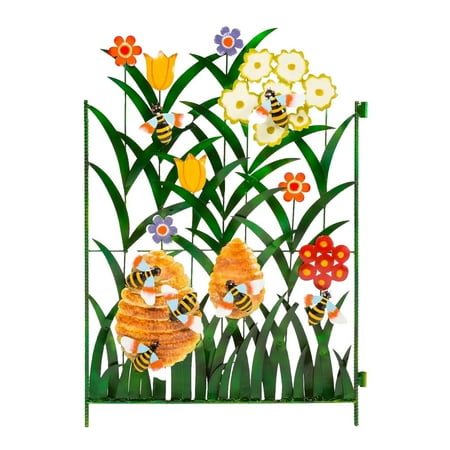 NIUREDLTD Colorful Metal 3-Panel Bees And Flower Garden Screen Colorful Metal 3-Pane