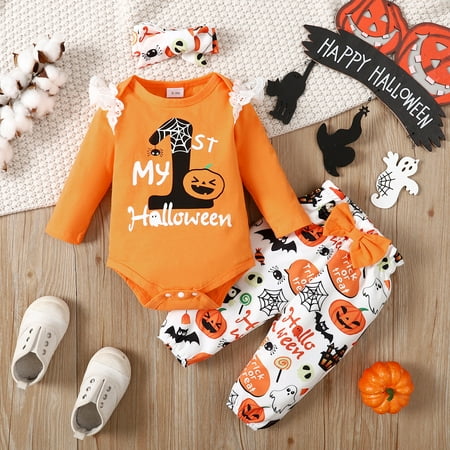 PatPat Halloween 3pcs Baby Girl Long-sleeve Graphic Lace Detail Romper and Allover Print Pants with Headband Set
PatPat Halloween 3pcs Baby Girl Long-sleeve Graphic Lace Detail Romper and Allover Print Pants with Headband Set
