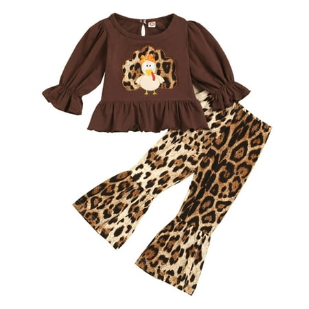 

YWDJ 1-6years Thanksgiving Day Girls Outfit Sets Fall Set Turkey Tops Leopard Polka Dot Flared Suit Outfits Brown 110