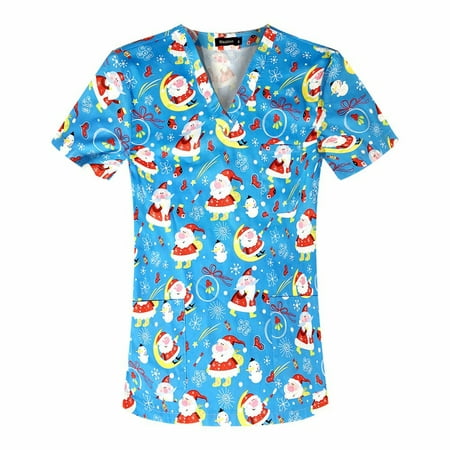 

Sksloeg Scrub Tops For Women Clearance Cartoon Printed Top Short Sleeve V-Neck Shirts Tee Tops With Pockets Christmas Patterned Nursing Working Uniform Sky Blue L