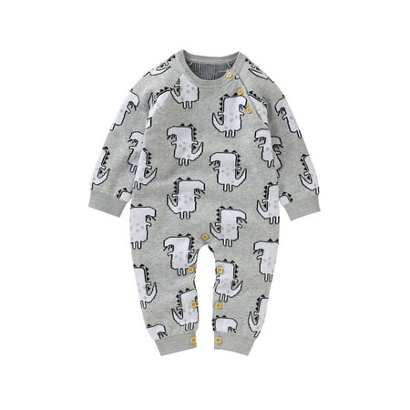Baby Boy And Girl Dinosaur Jacquard Button Round Neck Long Sleeve Jumpsuit