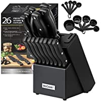DISHWASHER SAFE MC701 black Knife Sets of 26 Stainless Steel Kitchen Knives Block Set with Built-in Knife Sharpener Measuring Cups and Spoons
DISHWASHER SAFE MC701 black Knife Sets of 26 Stainless Steel Kitchen Knives Block Set with Built-in Knife Sharpener Measuring Cups and Spoons