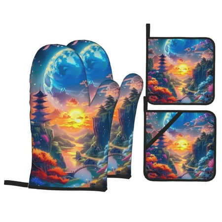 Fantasy and pagoda Oven mitts and potholders 4-piece set heat resistant rugged suitable for kitchen cooking grilling and more.
Fantasy and pagoda Oven mitts and potholders 4-piece set heat resistant rugged suitable for kitchen cooking grilling and more.
