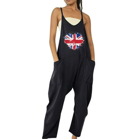 

REORIAFEE 4th of July Jumpsuit Women s Independence Day Print Wide Leg Baggy Overalls Casual Loose Long Rompers Independence Day Print Strap Pocket Jumpsuit With Straps V-Neck Sleeveless Black M