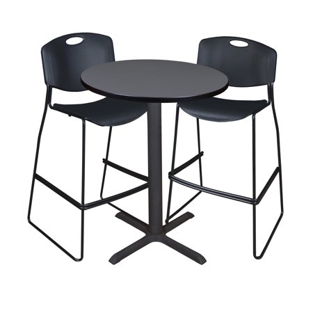 Cain 30" Round Cafe Table- Grey & 2 Zeng Stack Stools- Black