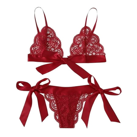 BIZIZA Sexy Babydoll Bra and Panty Sets for Women Lace Lingerie Set Teddy Bow Lingerie Red XL