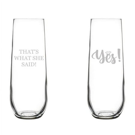 

Set of 2 Glass Champagne Flutes Sparkling Wine Glasses Gift Yes & That s What She Said Engagement (8.5 oz Stemless)