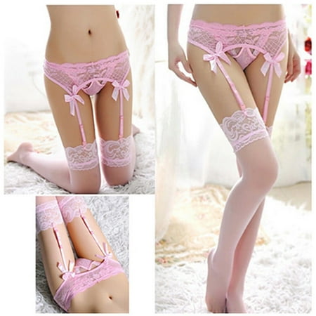 KUNPENG Women Lace Top Thigh-Highs Stockings & Garter Belt Suspender Set PK Pink