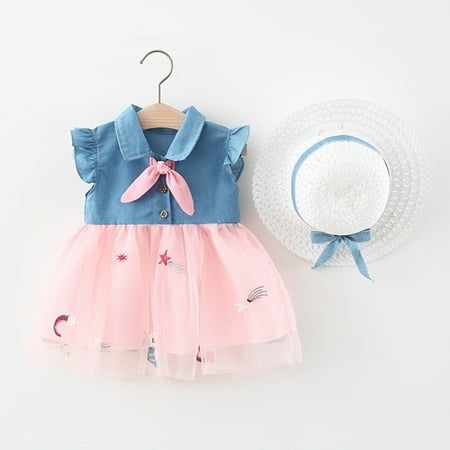 Baby Girl Clothes Girls 6M-3Y Fly Sleeve Denim Patchwork Star Rainbow Tulle Princess Dress Hat Set