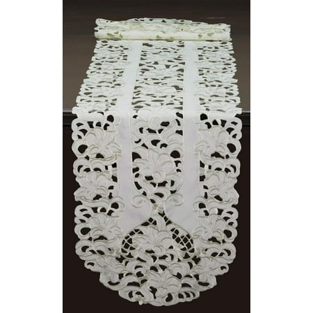 Embroidered Table Runner 15X53 Oval Dresser Scarf Ivory