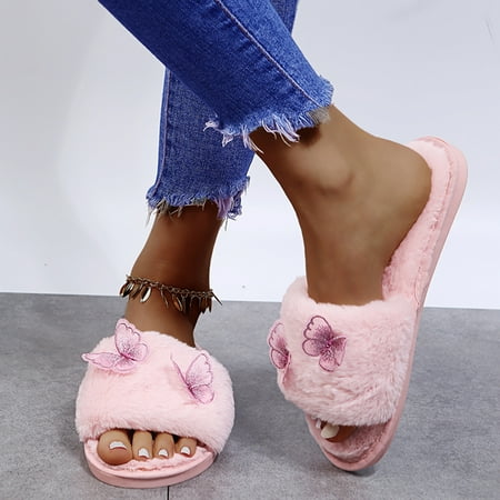 Slippers Womens All Season Fashion Furry Warm Slippers Ladies Casual Flat Slip On Shoes