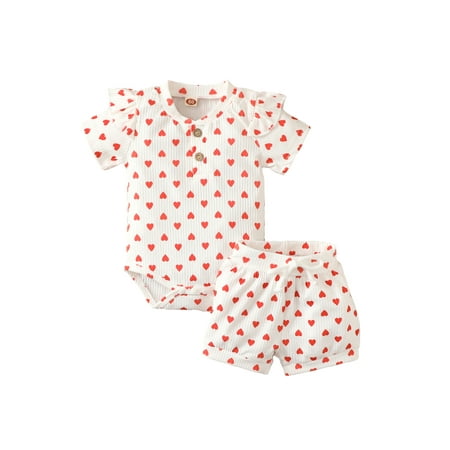 Toddler Baby Girls 2pcs Outfits Set Heart Print Ruffle Short Sleeve Snap Crotch Romper Shorts White 12-18 Months
Toddler Baby Girls 2pcs Outfits Set Heart Print Ruffle Short Sleeve Snap Crotch Romper Shorts White 12-18 Months