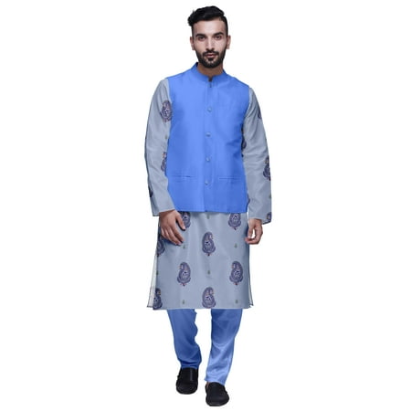 Atasi Printed Kurta With Solid Pajama & Nehru Jacket Set For Mens Party Wear