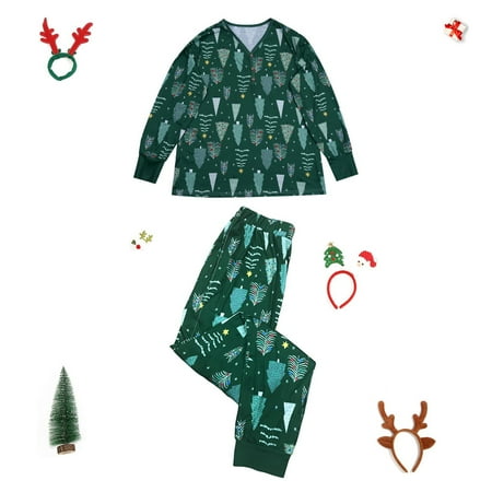 Family Matching Christmas Pajamas Set Green Pink Christmas Tree Print Parent-child Wear