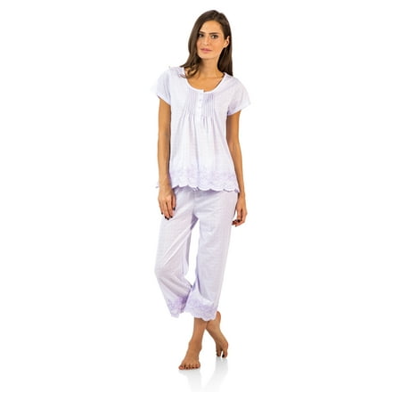 Casual Nights Women s Short Sleeve Embroidered Floral Capri Pajama Set