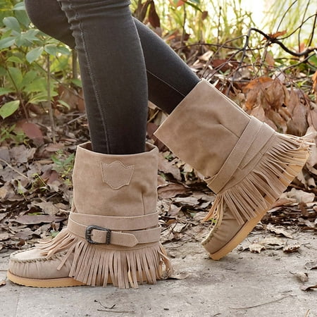 

Tassel Boots For Women Suede Ankle Booties Winter Round Toe Vintage Fringe Mid-Calf Flat Shoes