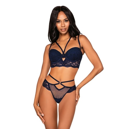 Fishnet & Scalloped Lace Bra Set with Plunge Neckline
