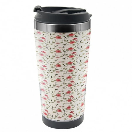 

Garden Art Travel Mug Roses and Leafy Branches Steel Thermal Cup 16 oz by Ambesonne
