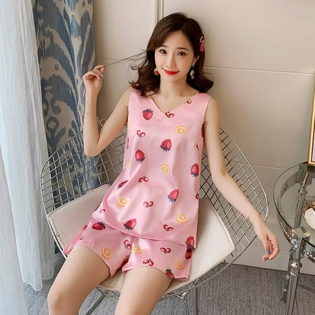 DanceeMangoo New Pajamas for Women Summer Sexy Print Short Sleeve Silk V-neck 3XL Sleepwear Set Lonxu Silk Pajamas Set Vest Girl Pyjamas Set