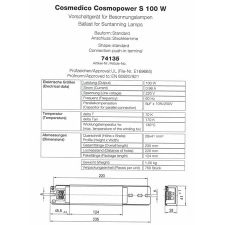 Highspirit CosmoPower S 100W Choke Ballast - 220V - 60 Hz - Tanning Lamp Ballast #74135
Highspirit CosmoPower S 100W Choke Ballast - 220V - 60 Hz - Tanning Lamp Ballast #74135