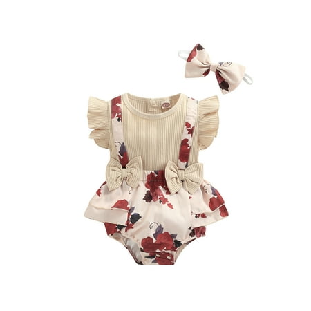 

ZIYIXIN Newborn Baby Girls Fly Sleeve Romper Rose Print Bow Jumpsuit Bodysuit with Headband Summer Clothes Khaki 12-18 Months