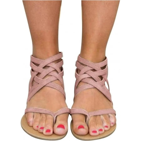 Women Flat Gladiator Sandals Summer Bohemia Beach Sandals Woven Ankle Strap Casual Zipper Round Toe Dressy Thong Shoes Black