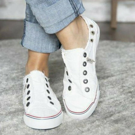Womens Canvas Flat Shoes Punch Zipper Washed Casual Loafers 43
