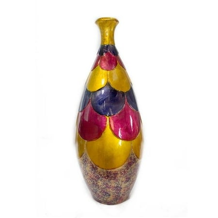 8" X 8" X 22" Amber Pink Purple Ceramic Foiled & Lacquered Scalloped Bottle Vase