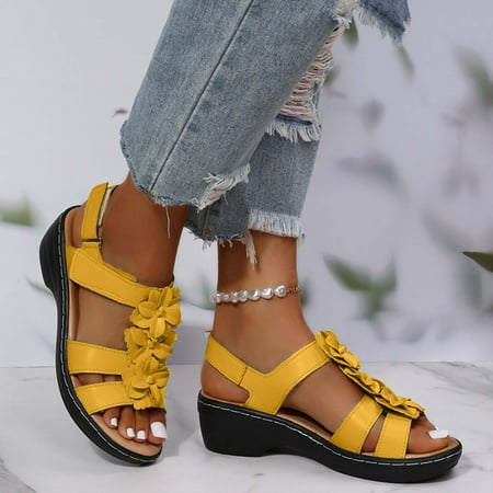VKEKIEO Round Toe Heels For Women Chunky Heel Low Heel Wedge Yellow