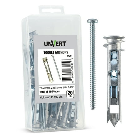 Unvert Metal Zinc E-z Ancor Toggle Kit Heavy Duty Zinc Self Drilling Toggle Anchors with Fitting Phillip Screws #8 x 2-1/8 - Holds up to 100 Lb - 20 Pack
Unvert Metal Zinc E-z Ancor Toggle Kit Heavy Duty Zinc Self Drilling Toggle Anchors with Fitting Phillip Screws #8 x 2-1/8 - Holds up to 100 Lb - 20 Pack