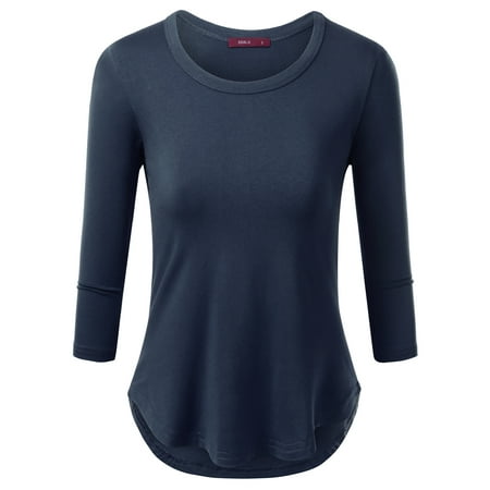 DOUBLJU Womens 3/4 Sleeve Round Neck Short Sleeve High-Low Hemline Top Tunic Tee