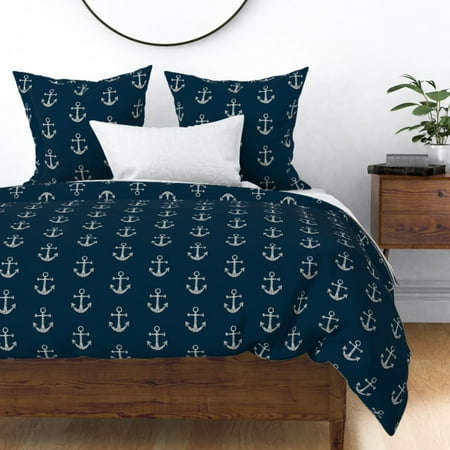 Anchor Nautical Kids Anchors Silver Navy Preppy Sateen Duvet Cover by Roostery