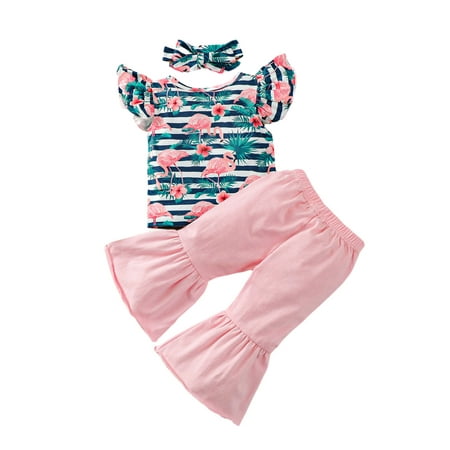 ZIYIXIN Kids Girls 3Pcs Summer Outfits Flamingo Fly Sleeve Tops Pants Headband