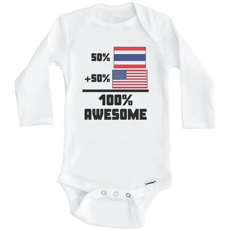 50% Thai 50% American 100% Awesome Funny Flag One Piece Baby Bodysuit (Long Sleeve) 3-6 Months White