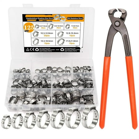 125Pcs 304 Stainless Steel Single Ear Hose Clamps 7 Sizes 6-21mm with Ear Clamp Pincer 6-28.6mm for Securing Pipe Hoses and Automotive Use
125Pcs 304 Stainless Steel Single Ear Hose Clamps 7 Sizes 6-21mm with Ear Clamp Pincer 6-28.6mm for Securing Pipe Hoses and Automotive Use