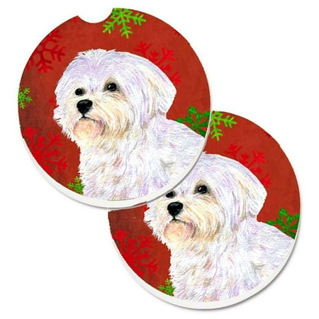 Maltese Red & Green Snowflakes Holiday Christmas Set of 2 Cup Holder Car Coaster
