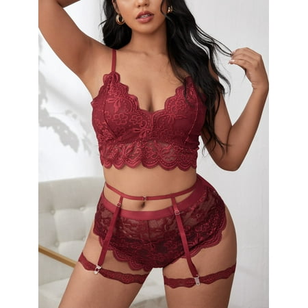 Women s Plus Floral Lace Scallop Trim Garter Lingerie Set A011W
